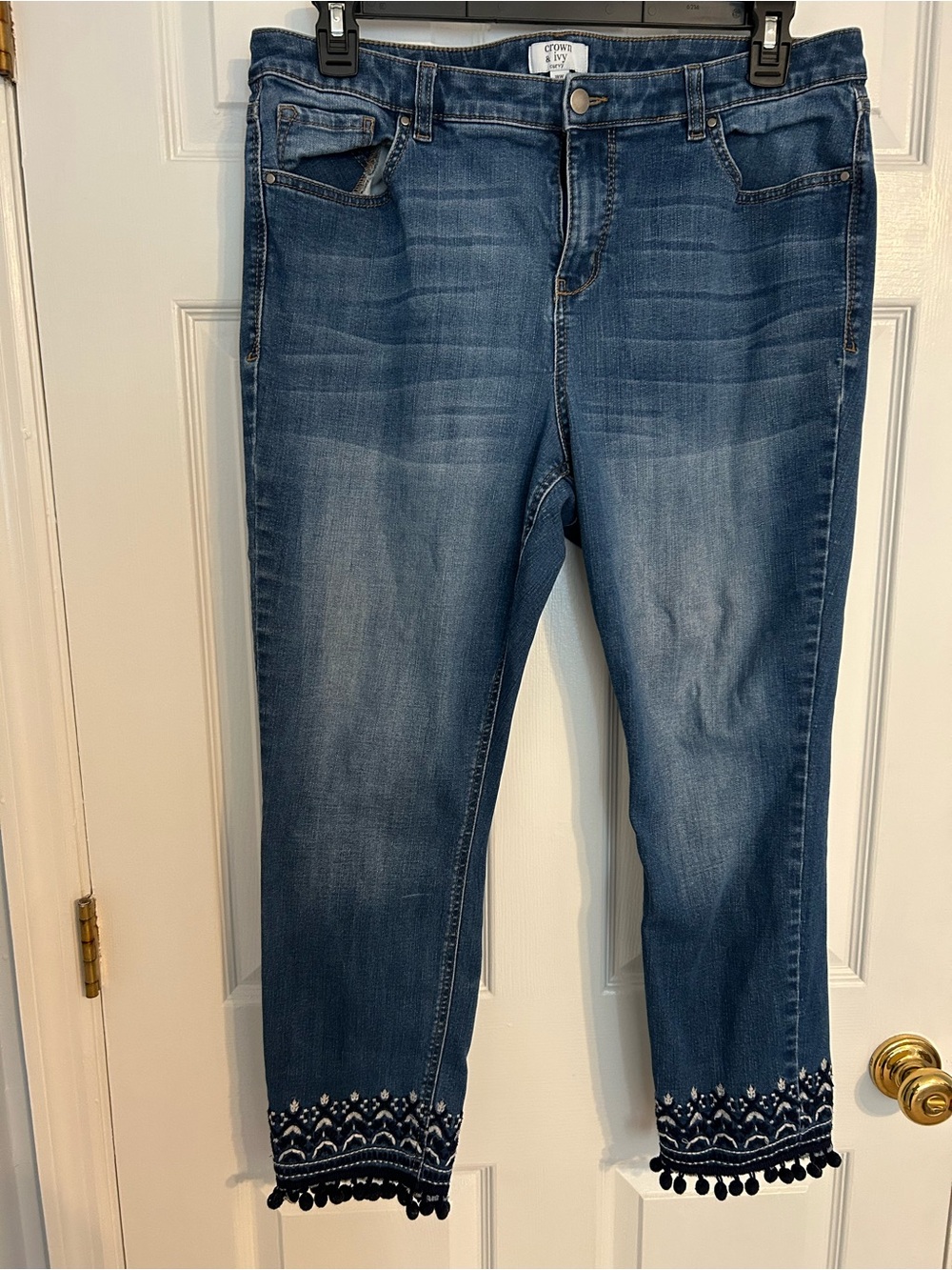 crown & ivy Blue Embroidered Pom-Pom Hem Cropped Jeans